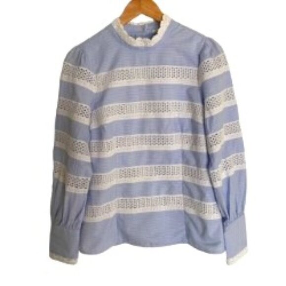A Loves A Tops - A Loves A Blue & White Embroidered Long Sleeve Back Button Shirt Medium